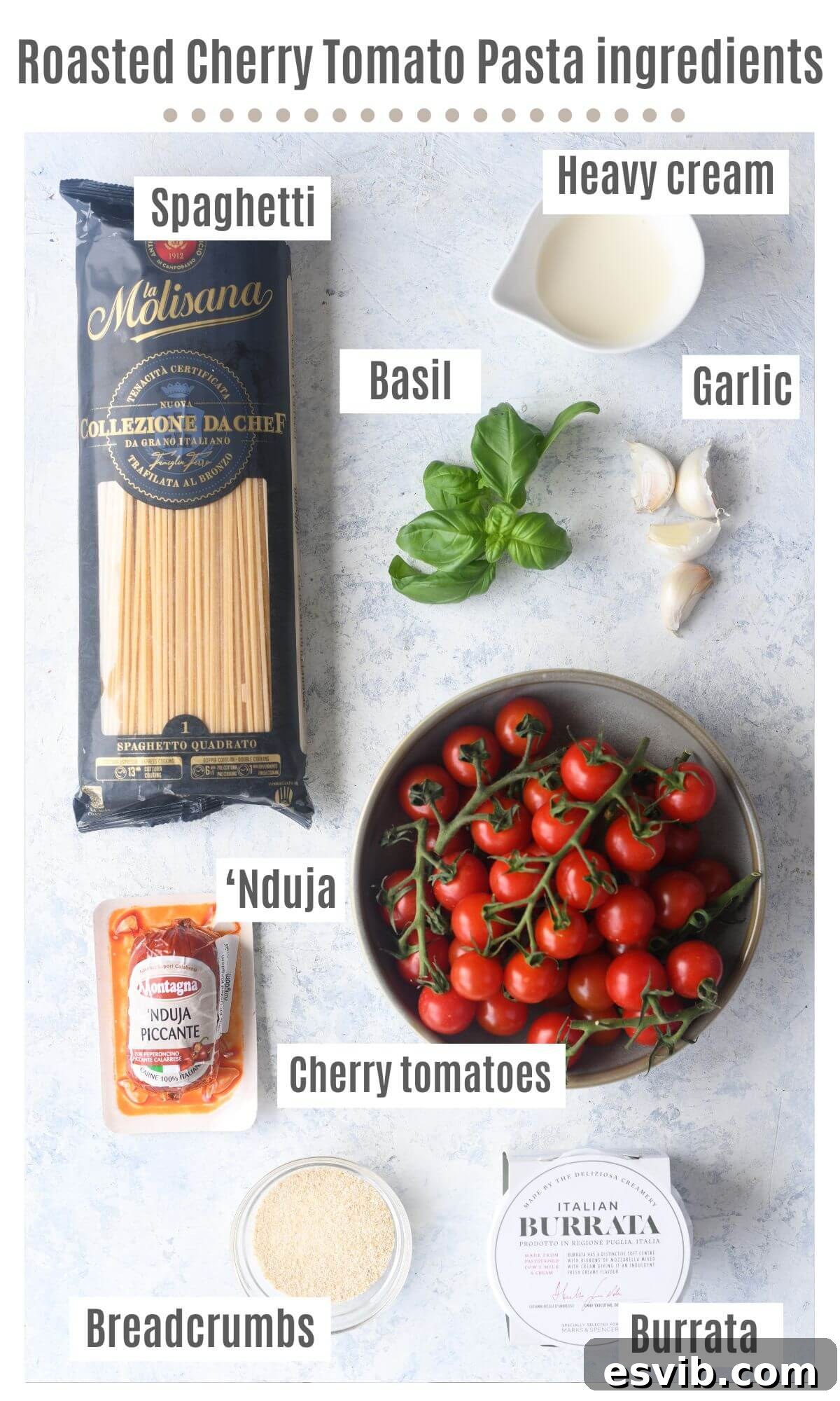 An overhead flat lay showcasing all fresh and pantry ingredients meticulously laid out to prepare roasted cherry tomato spaghetti with burrata and 'Nduja breadcrumbs.