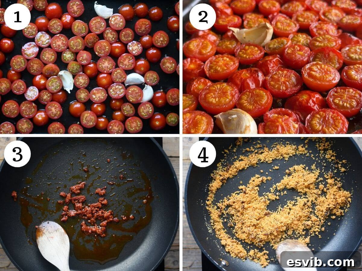 A four-panel collage showing the preparation of cherry tomatoes and garlic for roasting, followed by images illustrating the process of making 'Nduja breadcrumbs.