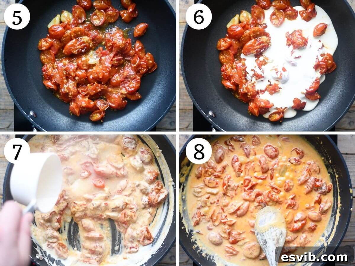 A four-panel collage illustrating the creation of creamy roasted cherry tomato sauce, showing the process of combining roasted tomatoes, garlic, cream, and pasta water.