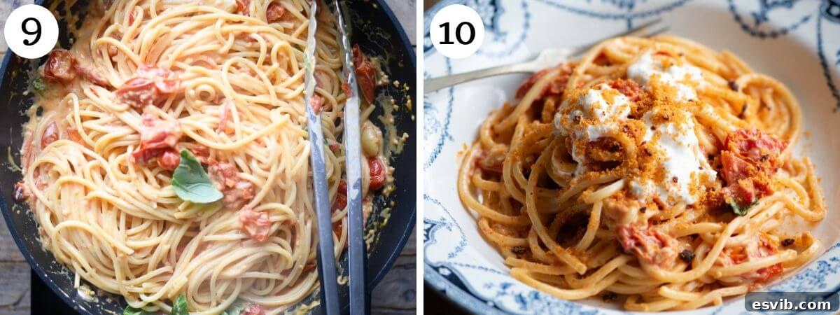 A two-panel collage depicting the final stages of the recipe: cooked spaghetti being added to the roasted cherry tomato sauce and the finished dish topped with burrata and 'Nduja breadcrumbs.