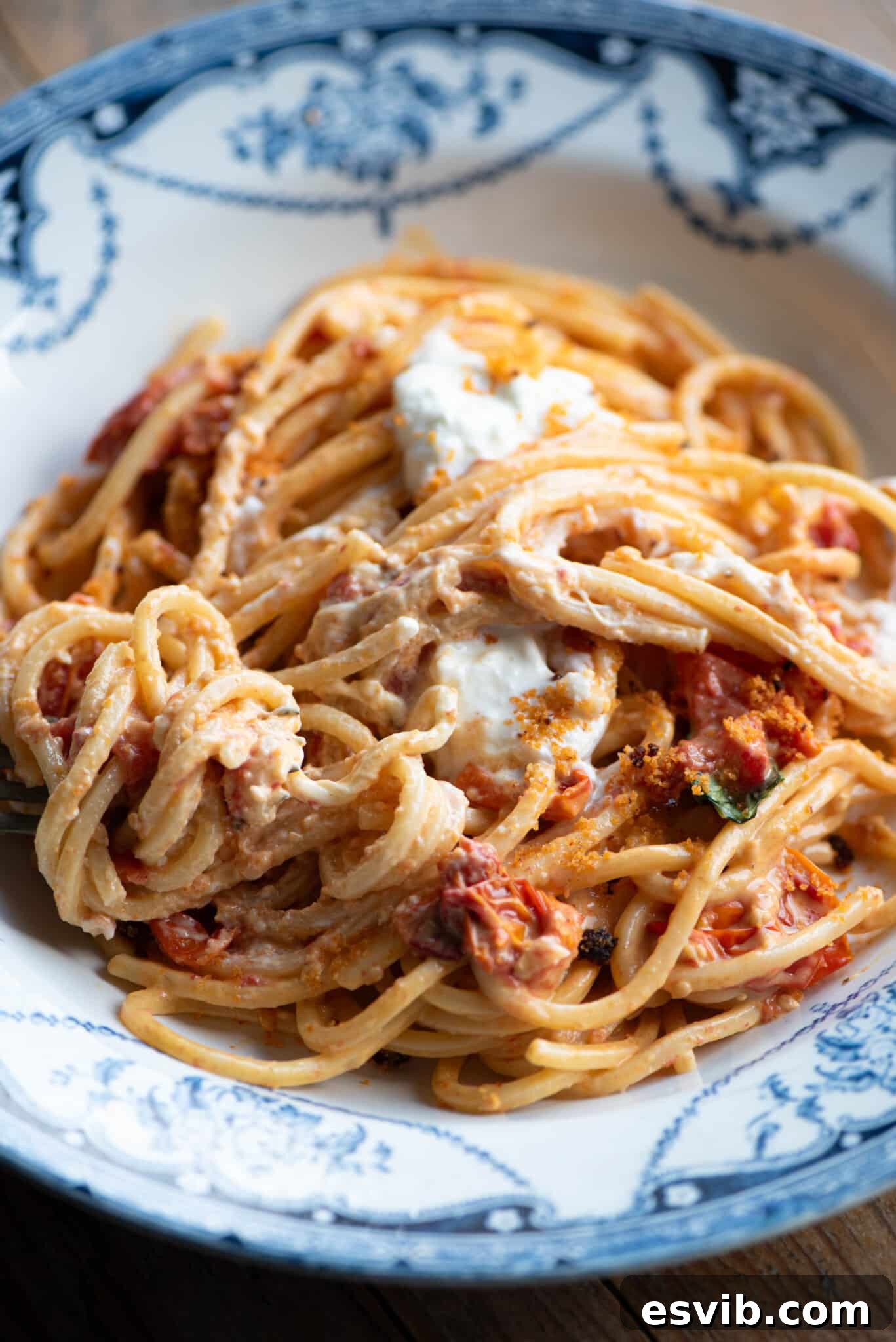 A delectable close-up shot of roasted cherry tomato spaghetti adorned with a melting dollop of burrata cheese and sprinkled with crunchy 'Nduja breadcrumbs, showcasing the rich textures and vibrant colors.