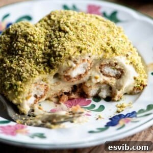 A close up of a slice of pistachio tiramisu on a floral plate, showcasing the creamy filling and crumb topping.