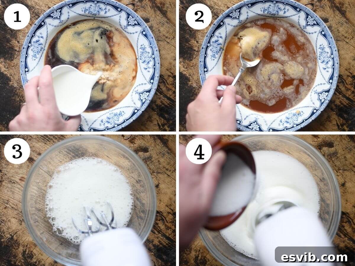 Four photos in a collage showing how to prepare a coffee mixture and whip egg whites for Tiramisu, clearly illustrating the process.