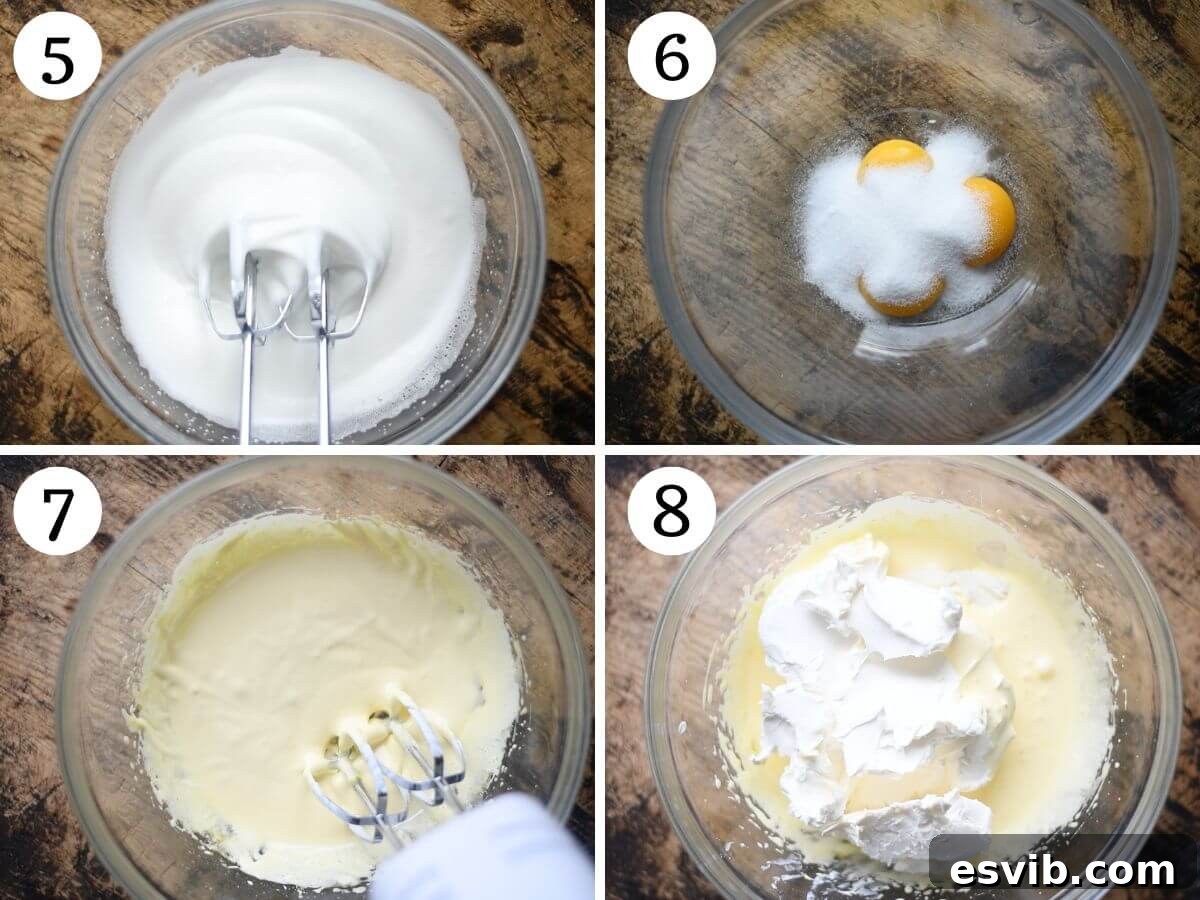 Four photos in a collage showing how to whip egg whites and egg yolks separately, emphasizing correct technique.