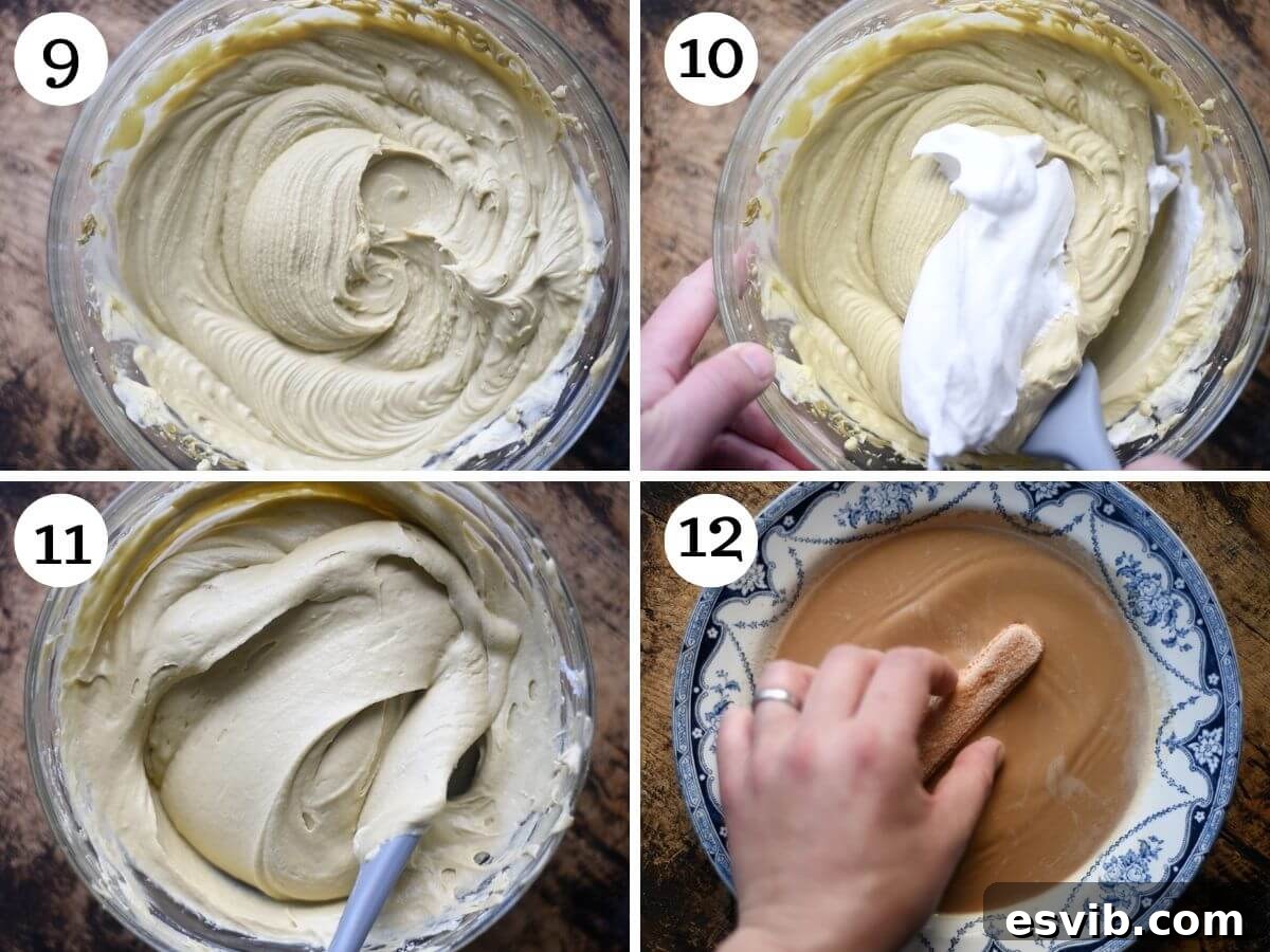 Four photos in a collage showing how to make a pistachio cream filling for Pistachio Tiramisu, including folding in egg whites.