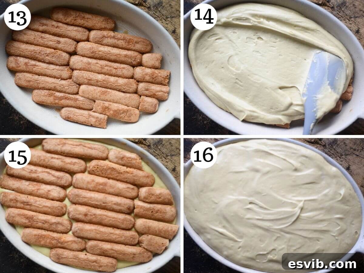 Four photos in a collage showing how to assemble Pistachio Tiramisu layer by layer.