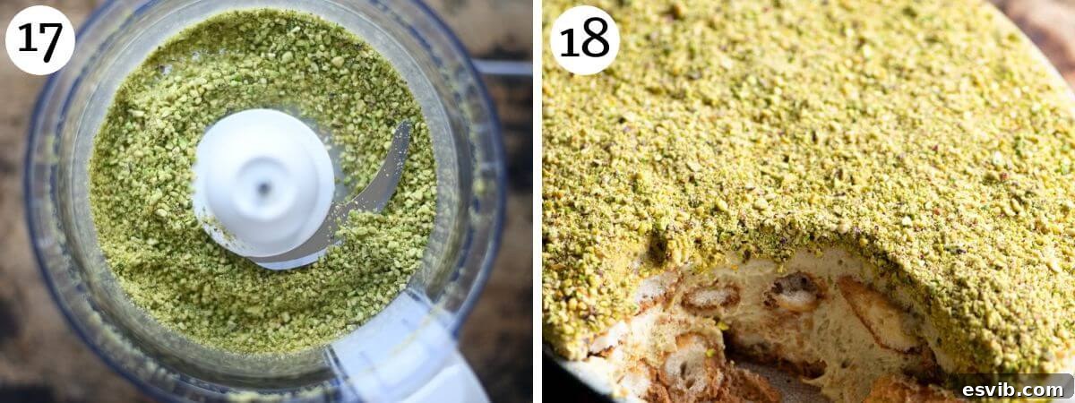 Two photos in a collage showing pistachios being blitzed in a food processor to create fine crumbs.