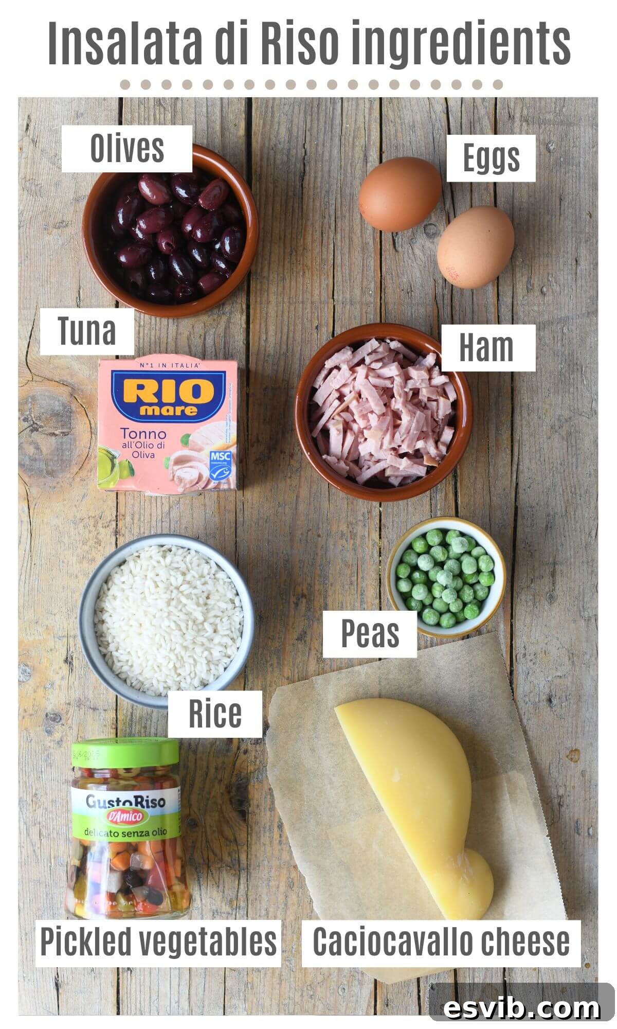 An overhead shot of all the ingredients needed to make an Italian rice salad, including rice, tuna, ham, eggs, and pickled vegetables.