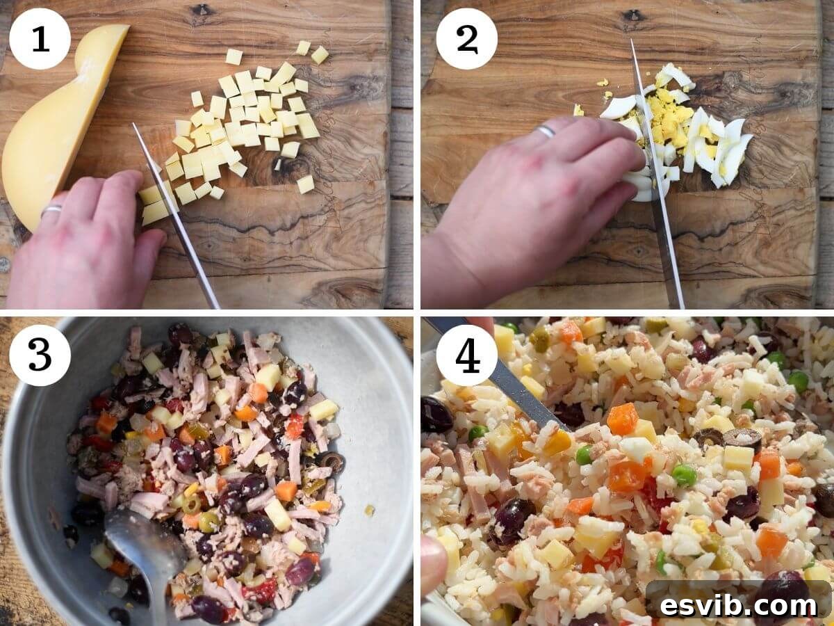 Four photos in a collage showing how to make an Italian rice salad, from cooking rice to mixing ingredients.