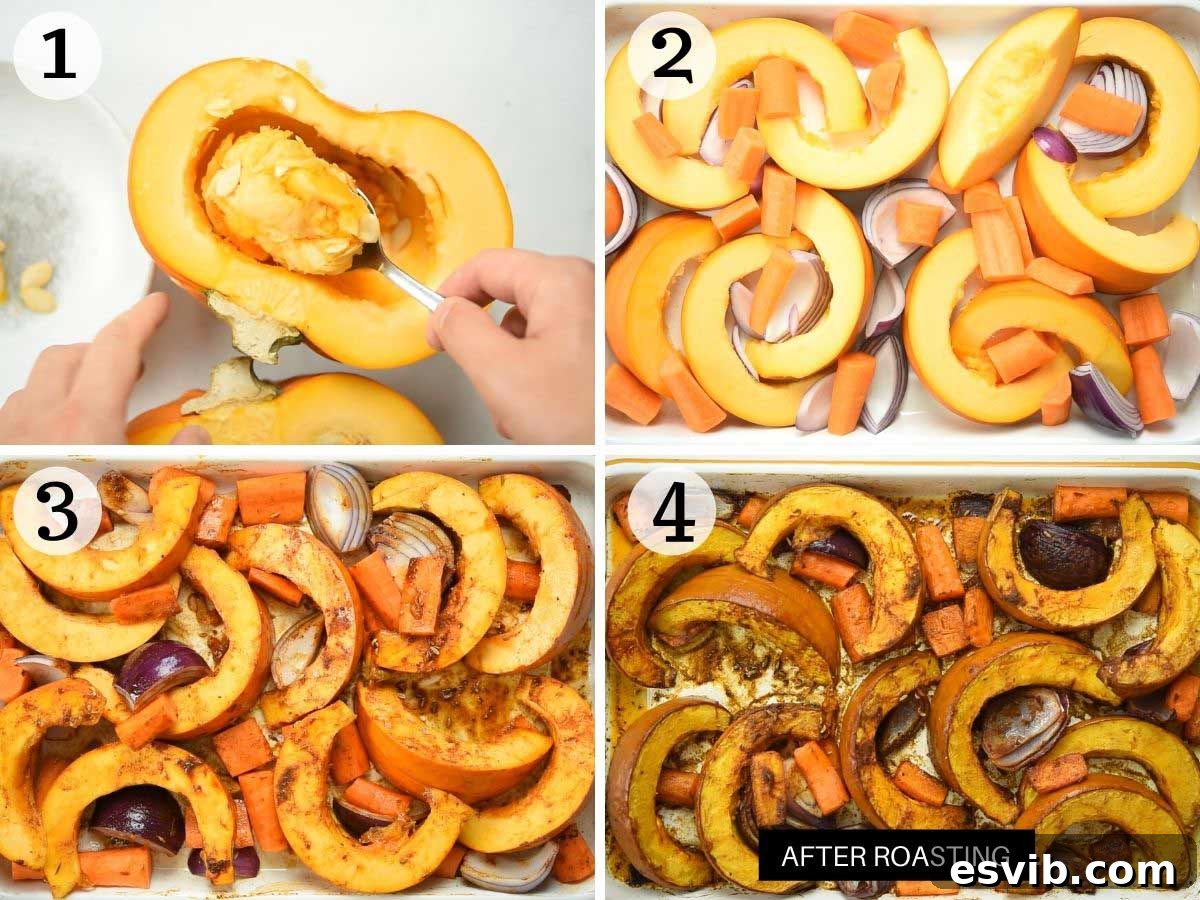 Step-by-step photos showing the process of de-seeding a pumpkin and arranging pumpkin, carrots, and onions on a baking tray for roasting.
