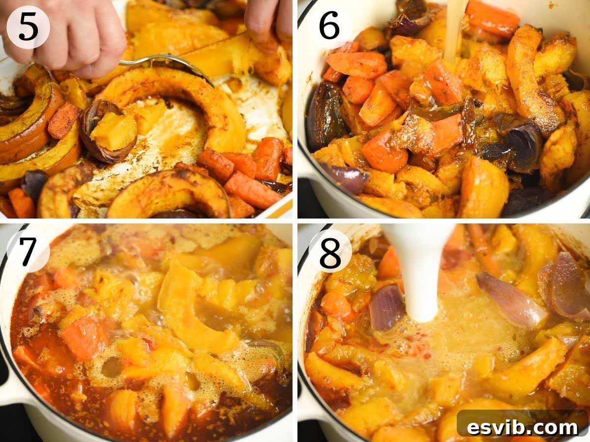 Step-by-step photos demonstrating how to scoop roasted pumpkin flesh, combine vegetables with stock in a pot, and blend the soup until smooth.