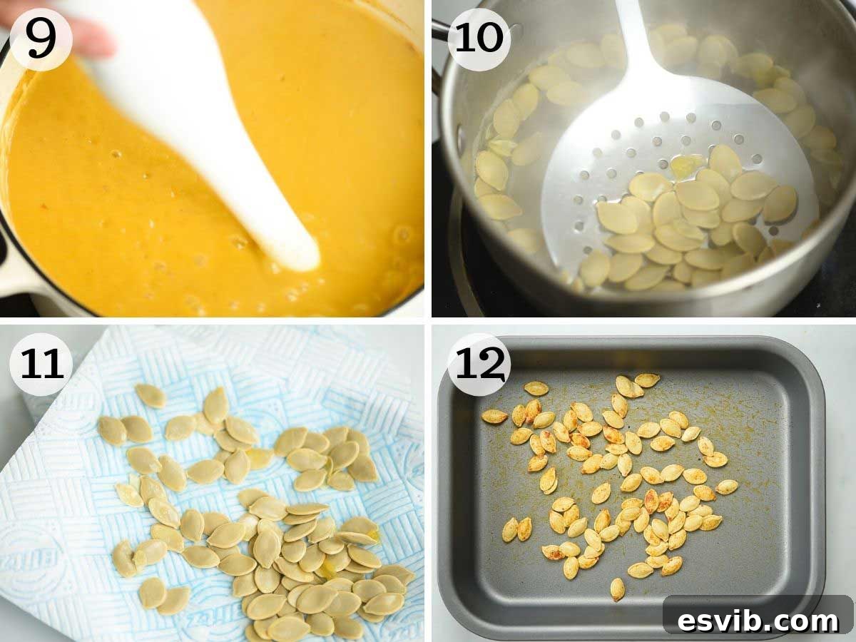 Step-by-step photos illustrating how to clean, boil, season, and toast pumpkin seeds until golden brown and crispy.
