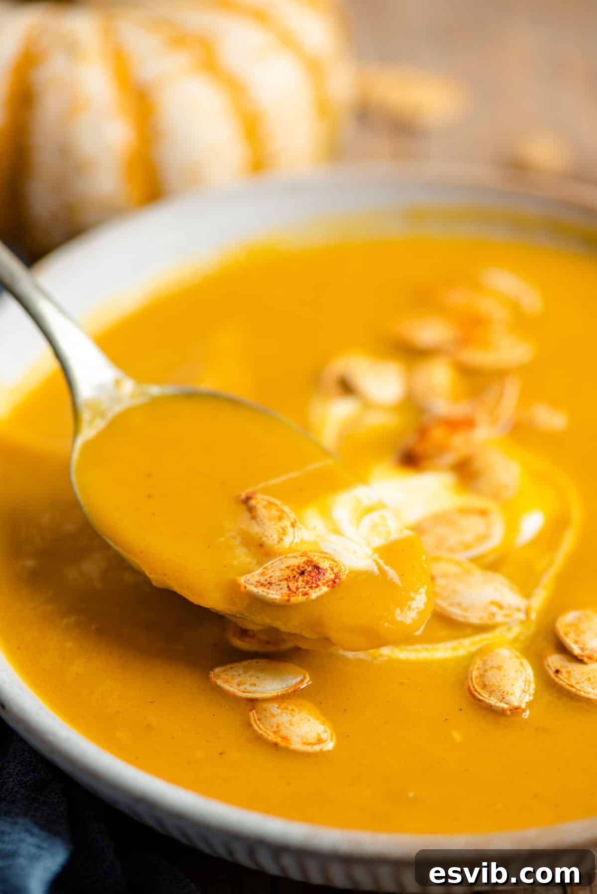 A close-up shot of a spoonful of creamy roasted pumpkin soup, highlighting its smooth texture and rich color, with a hint of toasted pumpkin seeds visible.