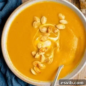 A close-up image of a vibrant bowl of homemade roasted pumpkin soup, elegantly topped with golden toasted pumpkin seeds and a creamy swirl.