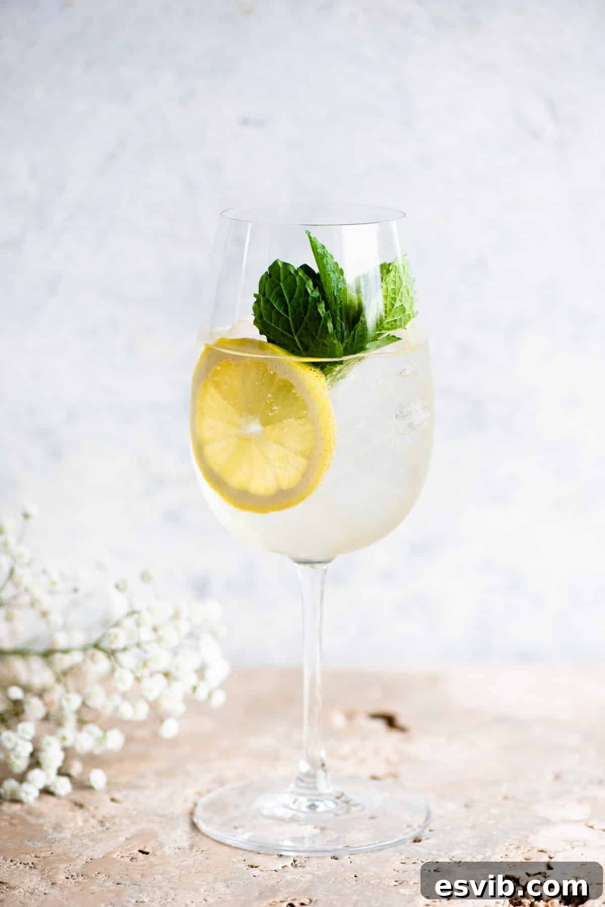 Sparkling Elderflower Delight 2 A Hugo spritz cocktail on a light coloured worktop with lemon and mint, ready to be enjoyed.