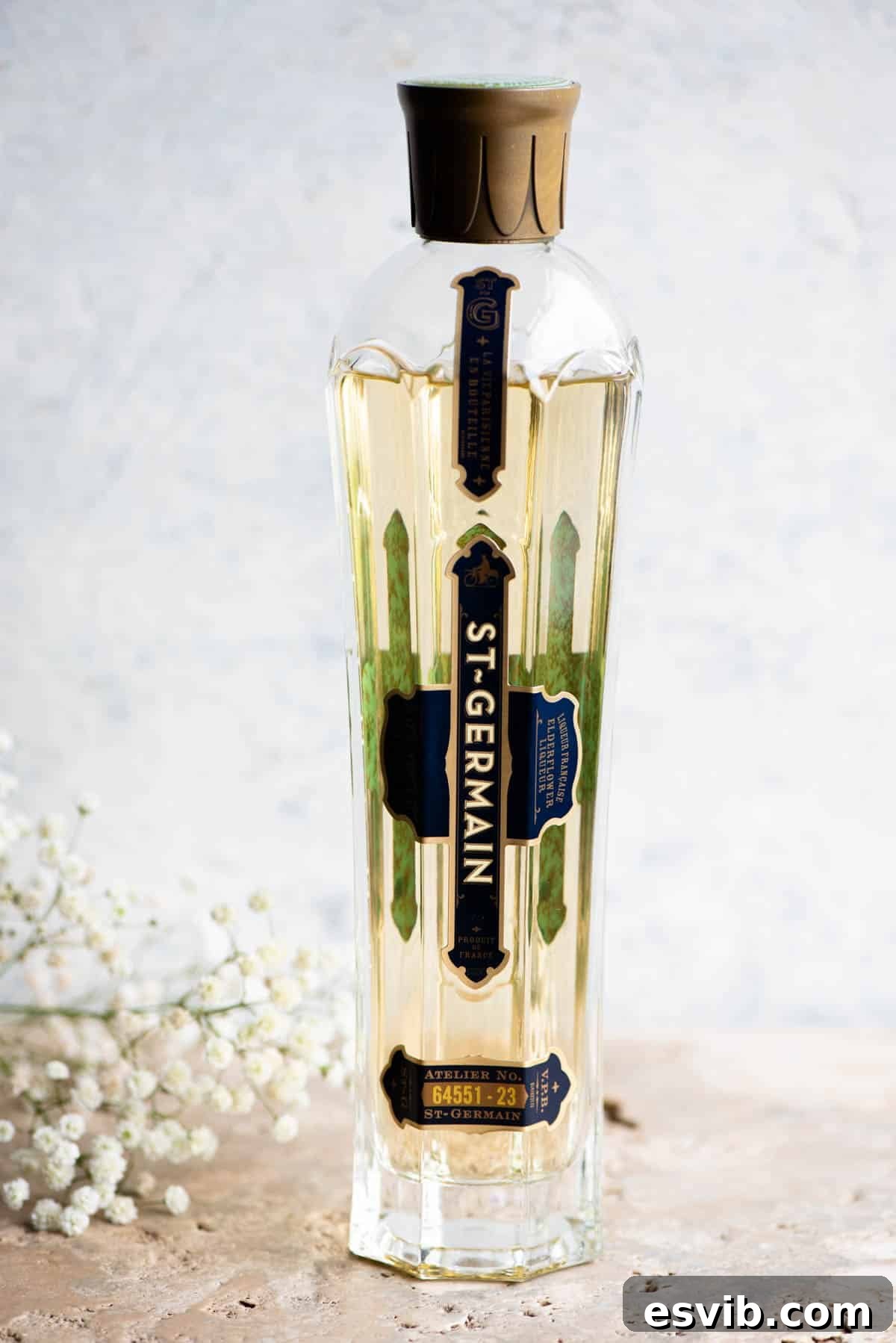 Sparkling Elderflower Delight 3 A close up of a bottle of St Germain elderflower liqueur, the key ingredient for a Hugo Spritz.