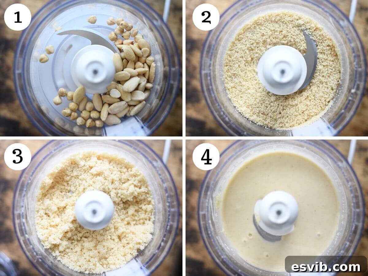 Valdostan Hazelnut Almond Crisps 4 Four photos in a collage showing how to prepare Tegole Valdostane batter in a food processor: blitzing nuts, adding dry ingredients, adding wet ingredients, and blending to a smooth batter.