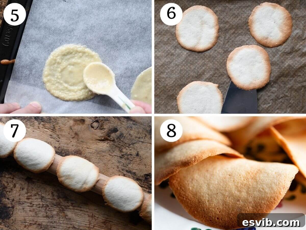 Valdostan Hazelnut Almond Crisps 5 Four photos in a collage showing how to spread Tegole Valdostane batter onto a baking sheet, bake until golden, and then shape them over a rolling pin.