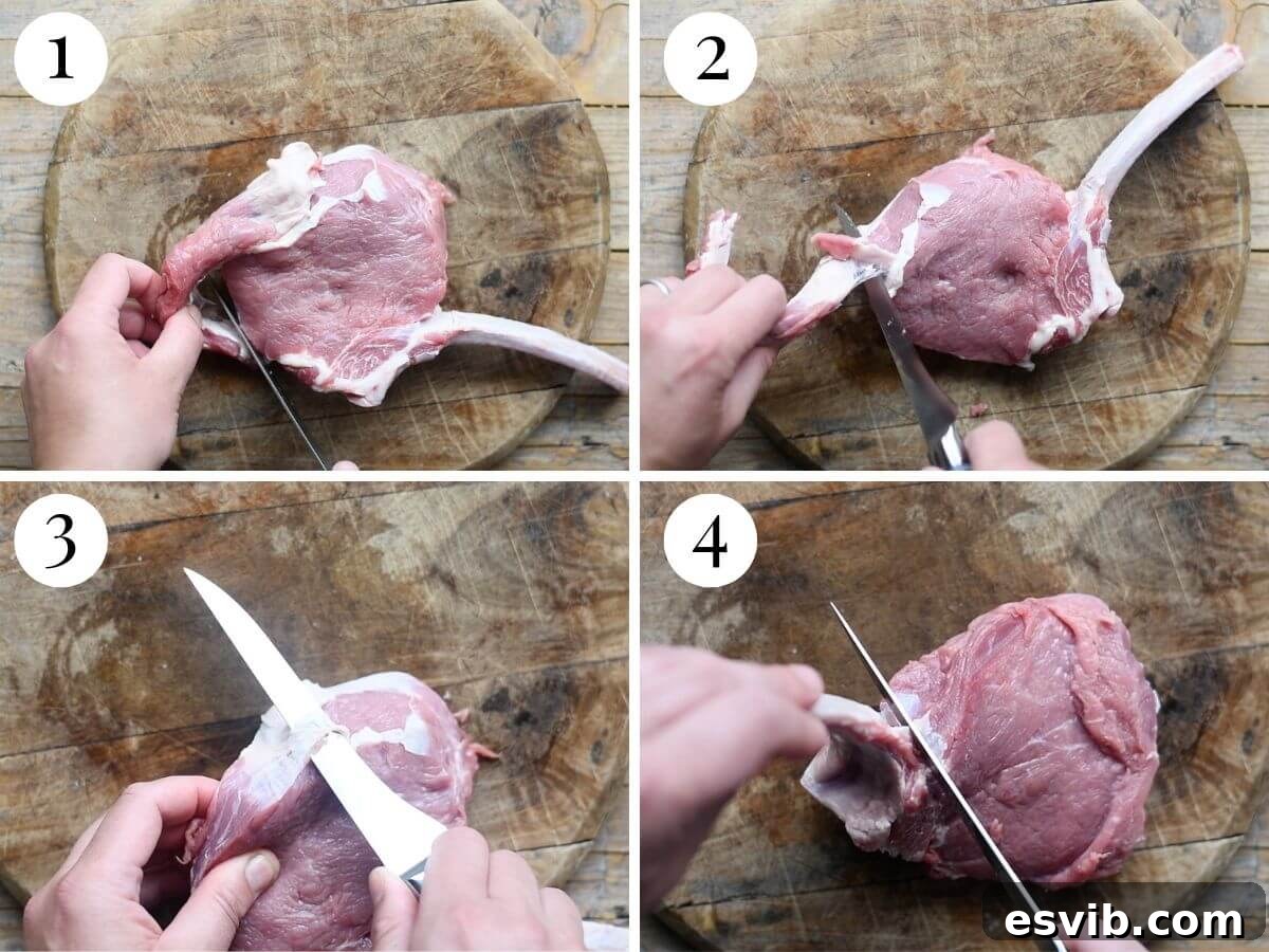 A four-panel collage demonstrating the precise steps involved in trimming silverskin and preparing a veal chop for stuffing, ensuring optimal tenderness and structure.