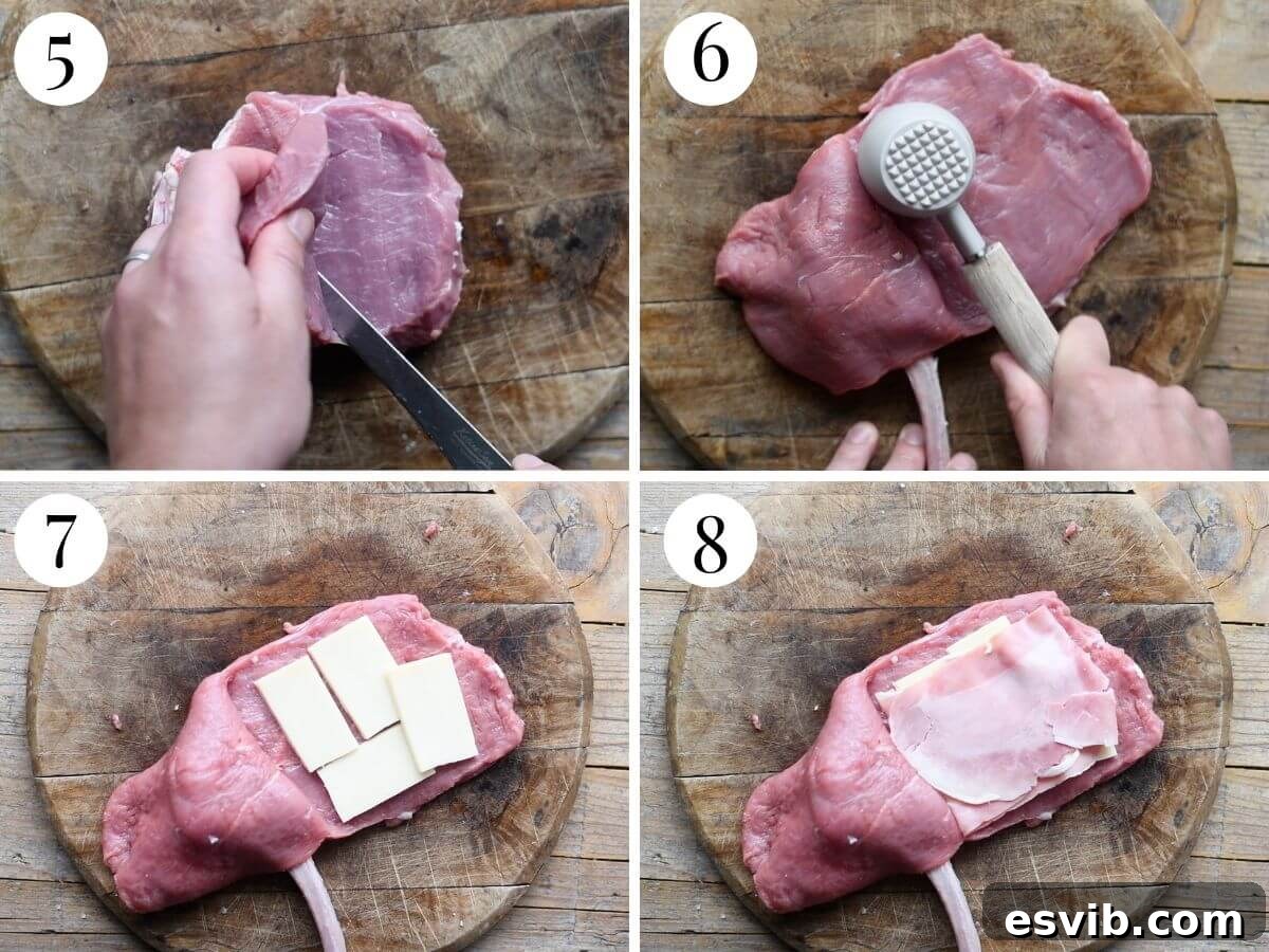 A four-panel collage vividly illustrating how to tenderize a veal chop with a meat mallet and then meticulously stuff it with layers of savory ham and melting cheese, preparing it for breading.