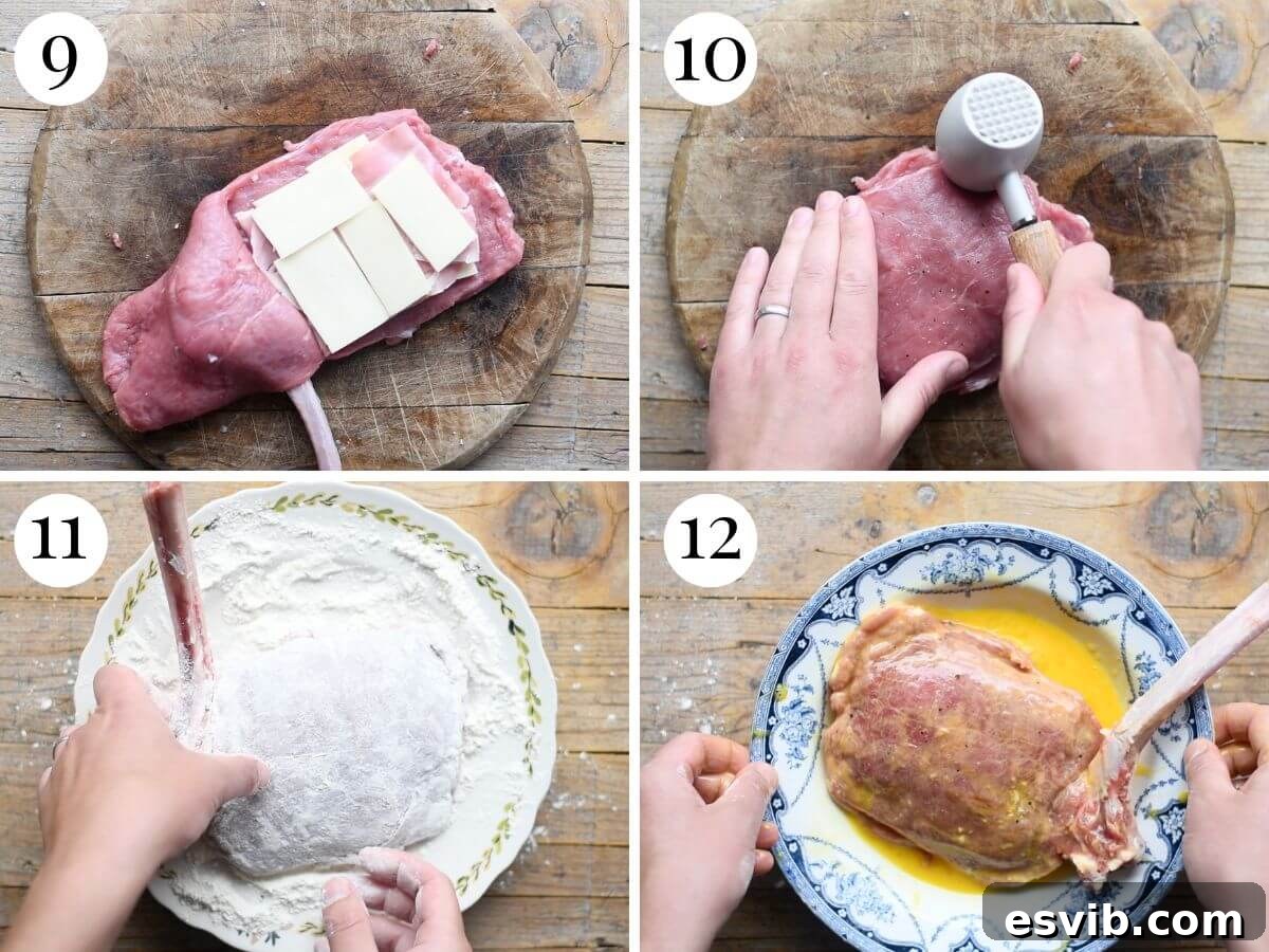 A four-panel collage showcasing the breading process of a stuffed veal chop, moving from flour dredging to egg wash and finally a coating of fine breadcrumbs, ready for frying.
