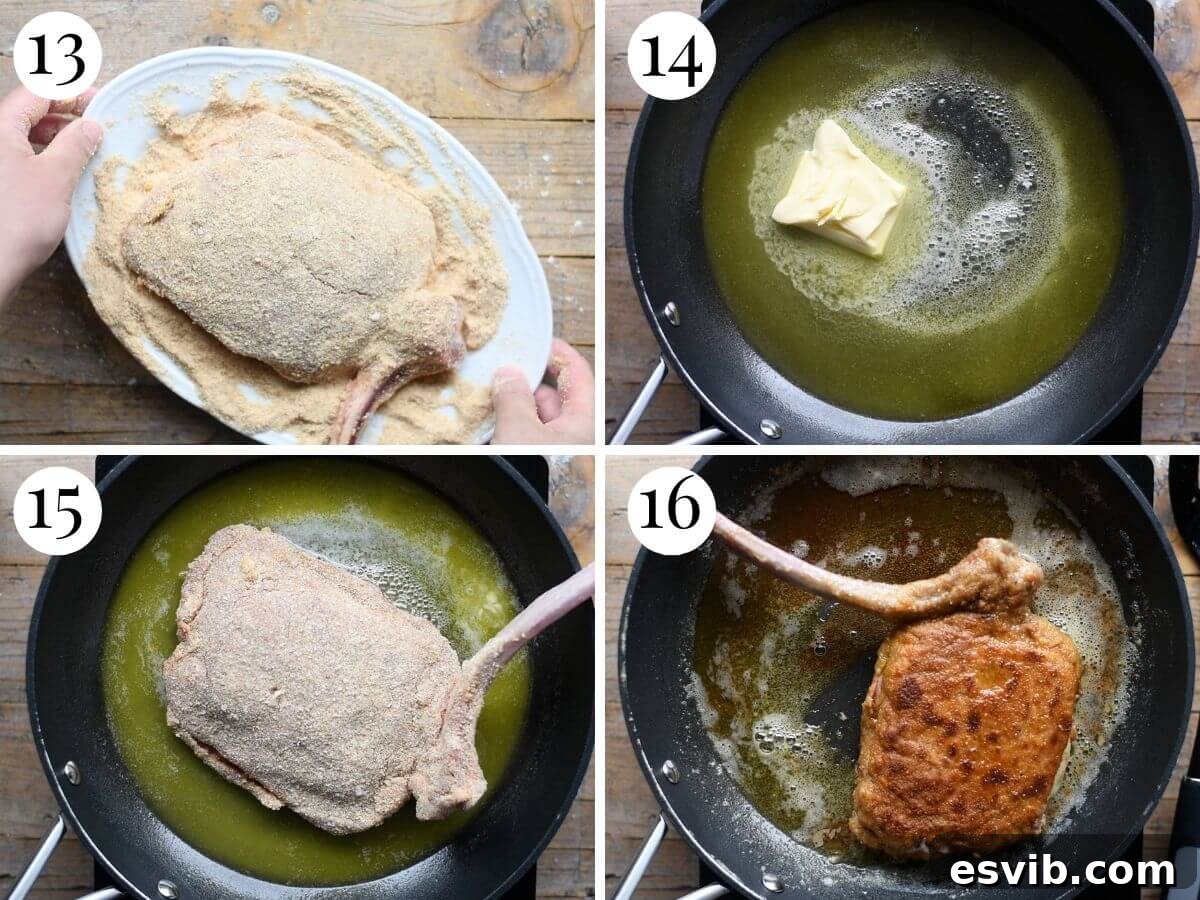 A four-panel collage demonstrating the precise steps for frying a breaded and stuffed veal chop in a pan with butter, aiming for a perfectly golden and crispy exterior.