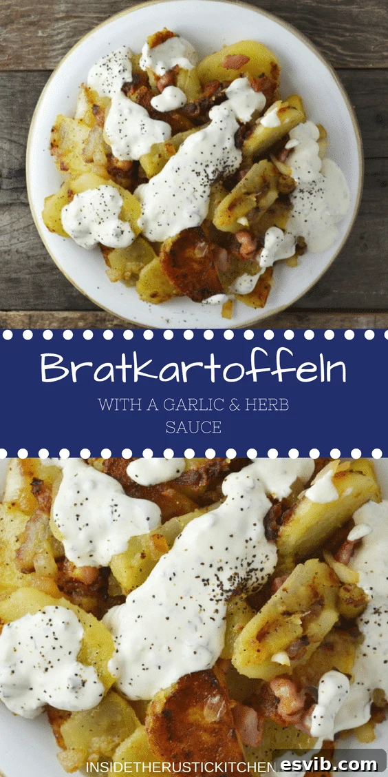 Bratkartoffeln, crispy fried potatoes with smoked pancetta and sweet white onion topped with an incredible garlic and herb sauce. It's SO GOOD! Insidetherustickitchen.com img 1716 4