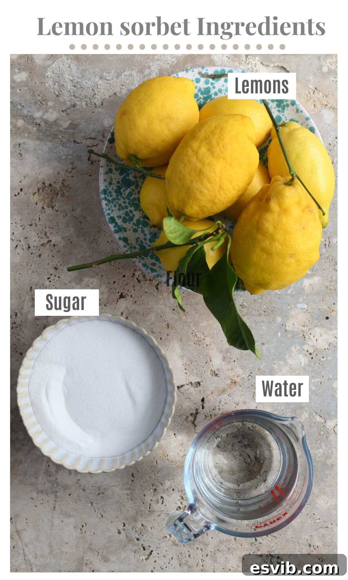 Sun-Kissed Amalfi Lemon Sorbet 3 An overhead shot showcasing the three simple ingredients required for homemade lemon sorbet: fresh lemons, granulated sugar, and pure water, artfully arranged on a kitchen surface.