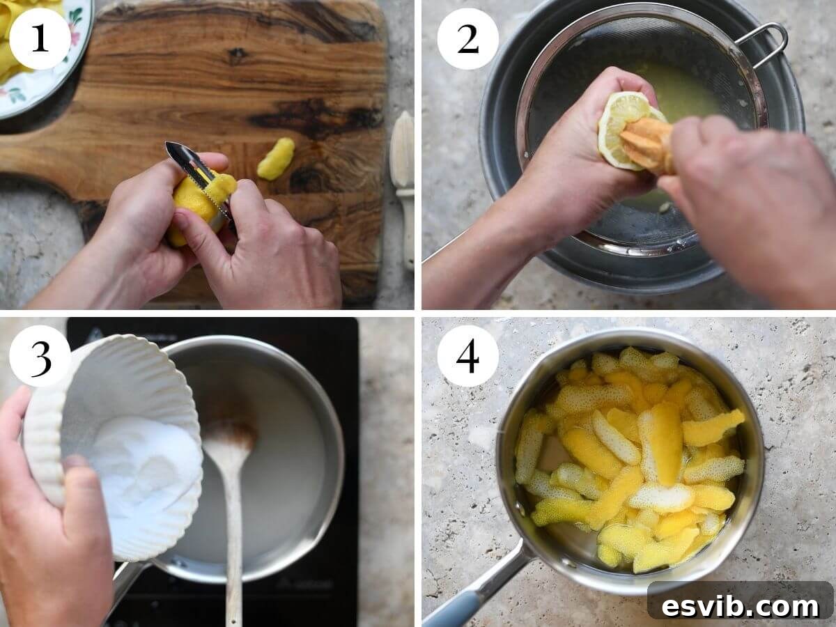 Sun-Kissed Amalfi Lemon Sorbet 4 A four-photo collage illustrating the initial steps of making lemon sorbet: carefully peeling lemons to avoid pith, juicing the lemons, and preparing the sugar syrup by dissolving sugar in water.