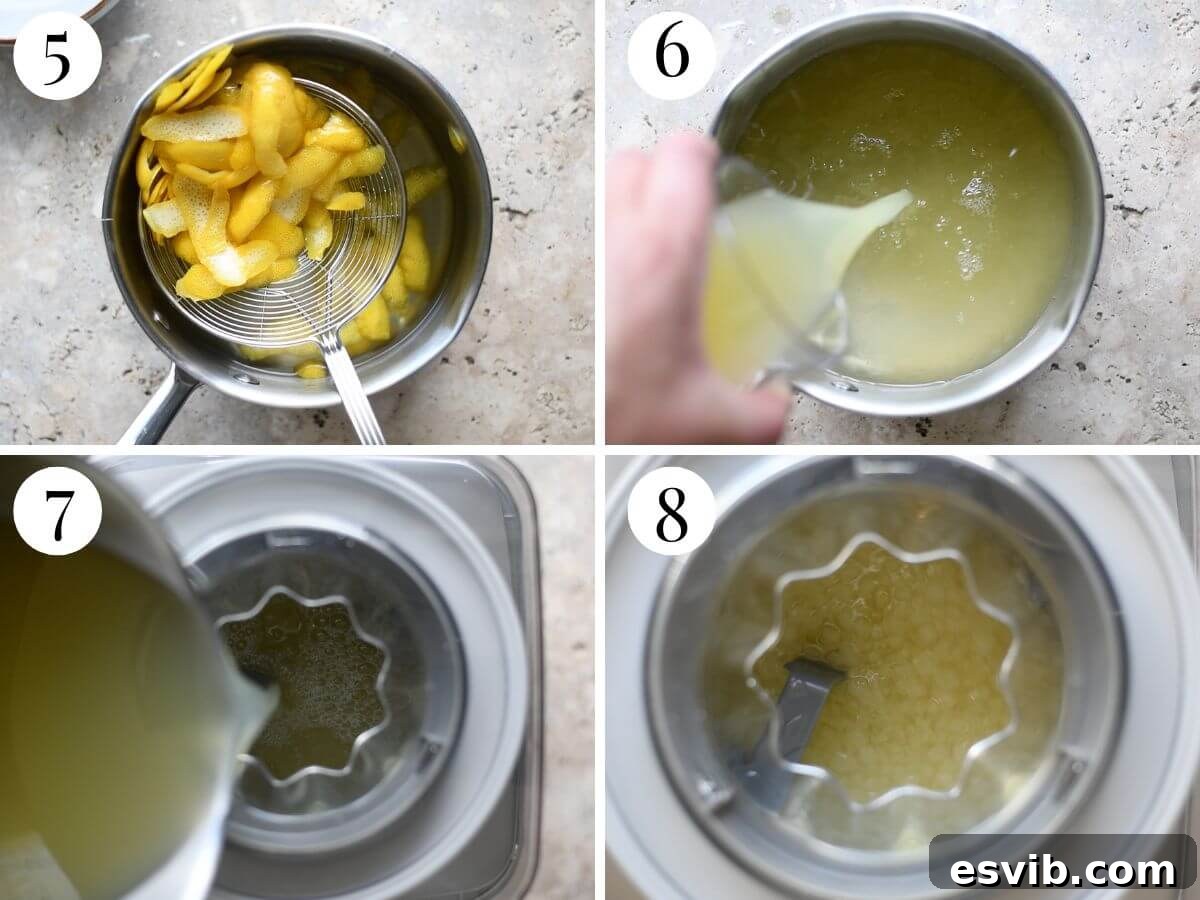Sun-Kissed Amalfi Lemon Sorbet 5 A series of four images depicting the lemon sorbet mixture being churned in an ice cream machine, showing its transformation into a soft, creamy texture.