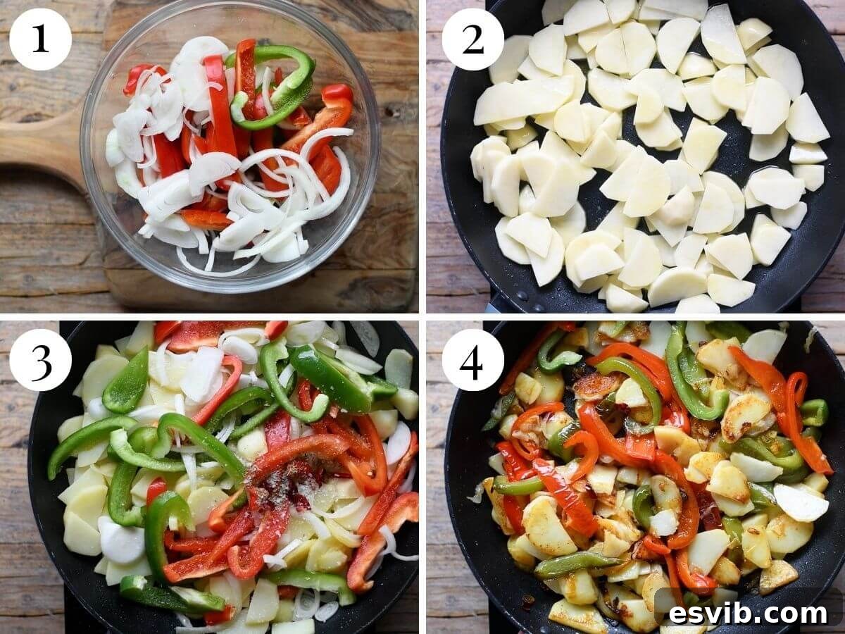 Calabrian Pepper Potato Medley 4 A four-photo collage illustrating the essential steps for preparing Italian Pipi e Patati, from chopping vegetables to frying.