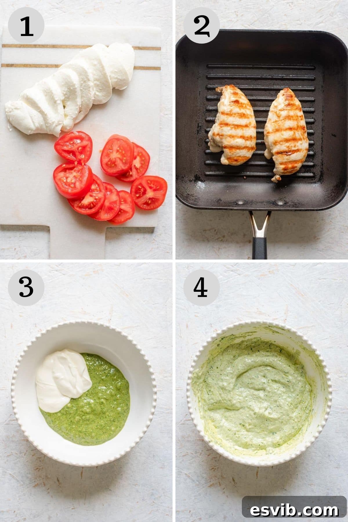 Step by step photos showing how to prepare ingredients to make a chicken ciabatta sandwich with pesto