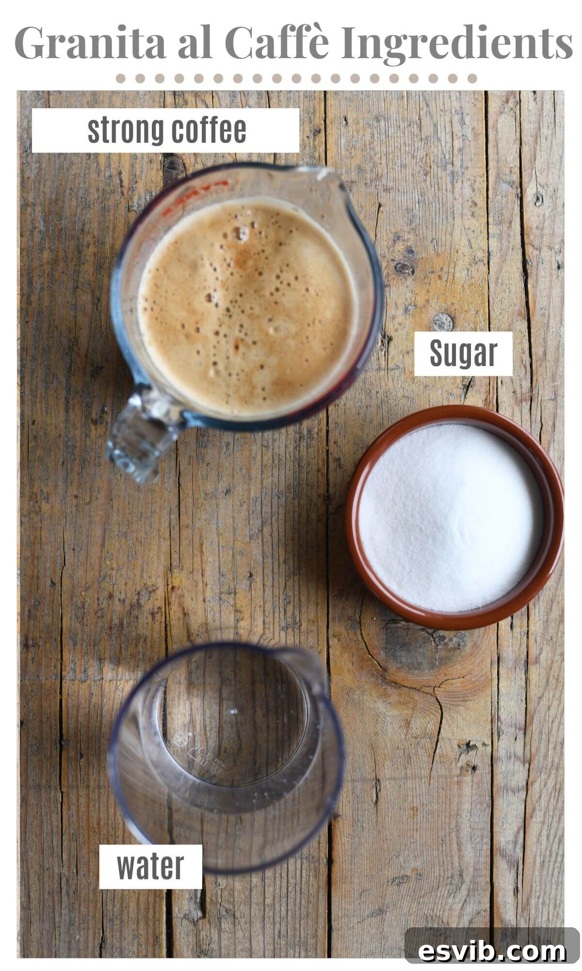 An overhead shot of three simple ingredients needed to make coffee granita: strong coffee, granulated sugar, and water.