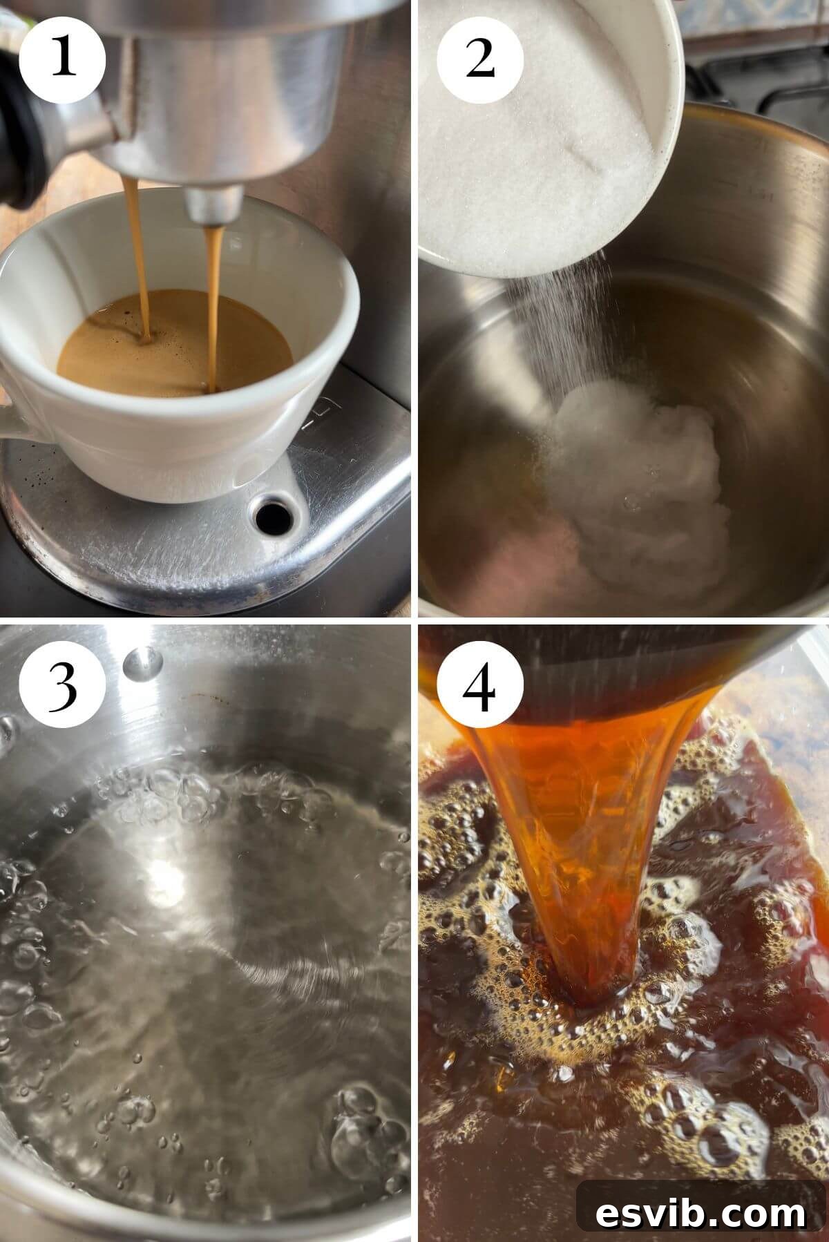 Four photos in a collage demonstrating the initial steps: brewing coffee and preparing the sugar syrup.