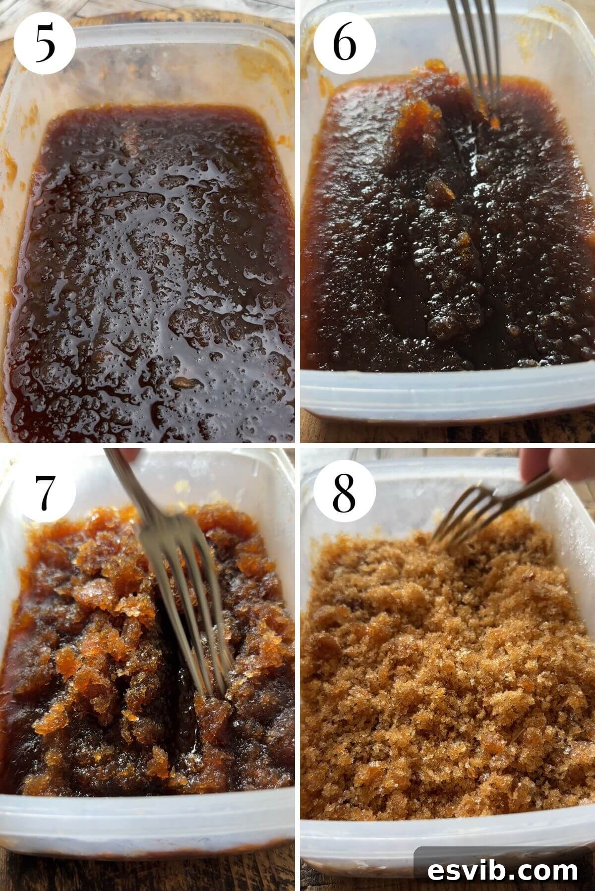A four-photo collage illustrating the freezing and stirring process of granita in a freezer-safe container.
