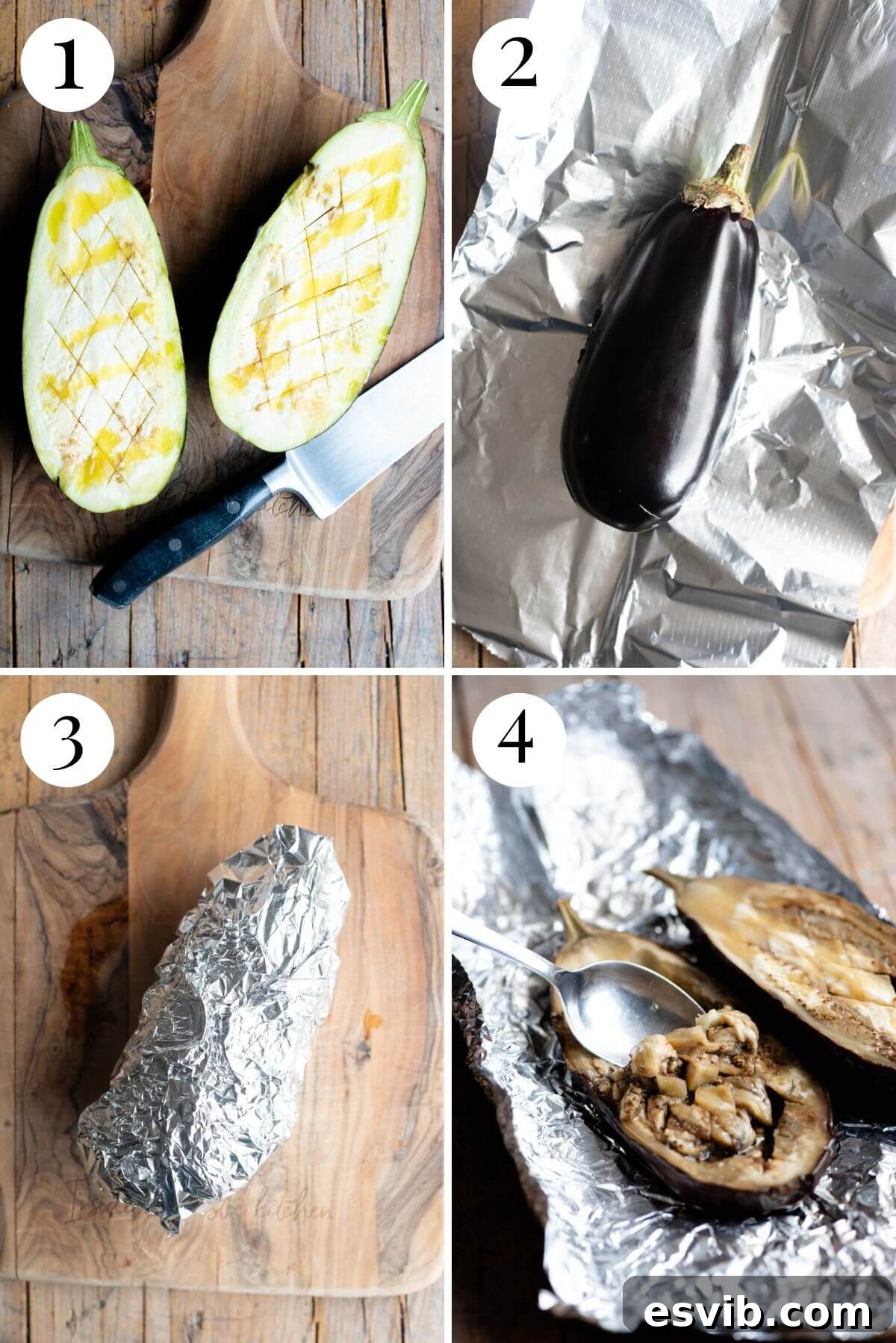 Ajvar: Smoky Roasted Red Pepper Spread 4 Four photos in a collage showing how to roast a whole eggplant. The process includes cutting, scoring, oiling, wrapping in foil, and the final roasted eggplant.