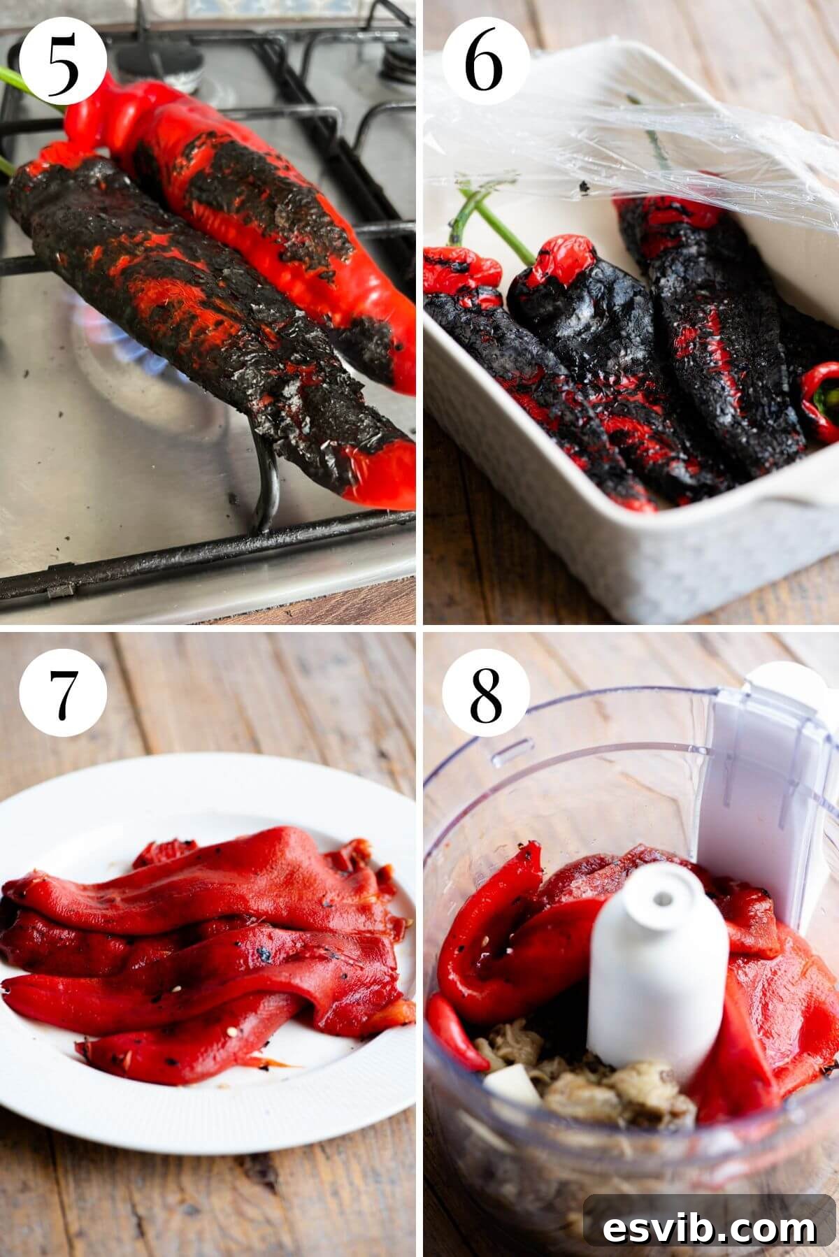 Ajvar: Smoky Roasted Red Pepper Spread 5 Four photos in a collage showing how to char red peppers on a gas flame and remove the skins. This highlights the key steps for achieving smoky flavor.
