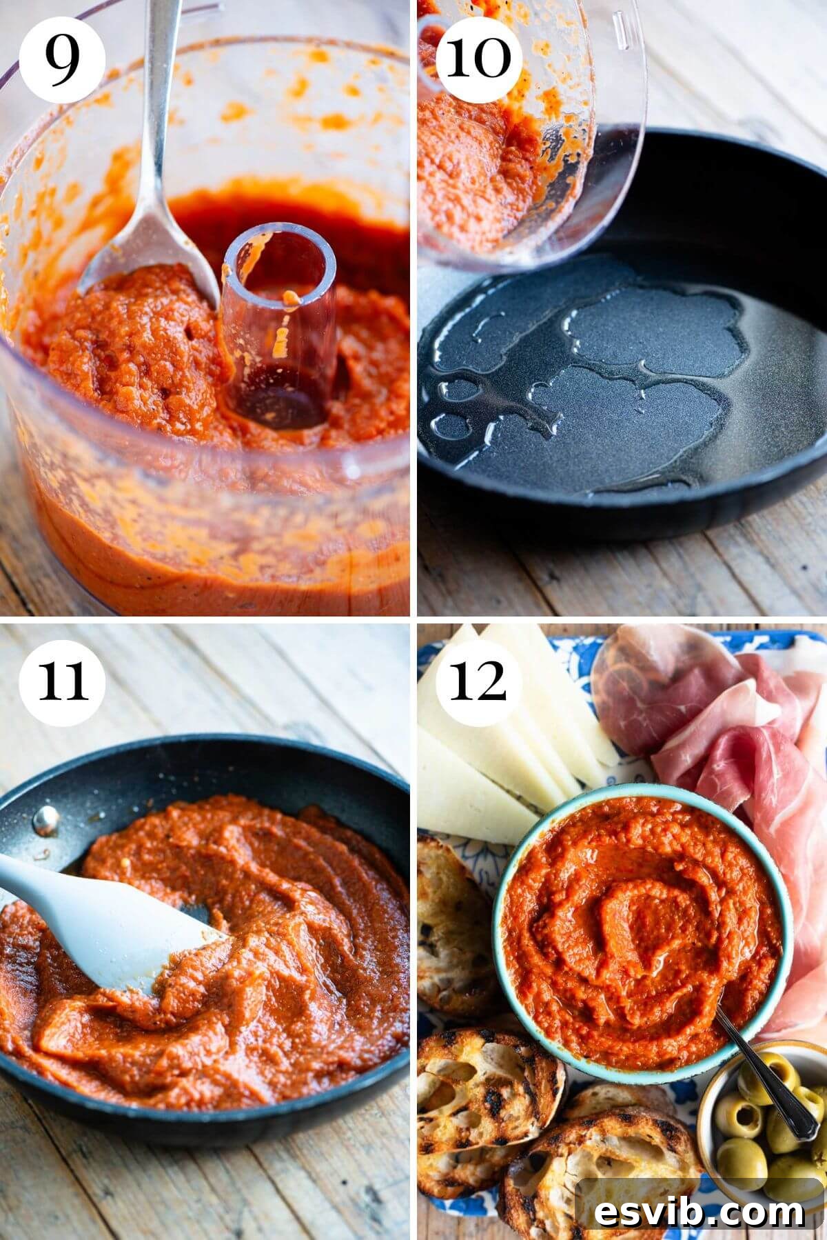 Ajvar: Smoky Roasted Red Pepper Spread 6 Four photos in a collage showing how to make Ajvar dip, from peeling peppers to blending ingredients.