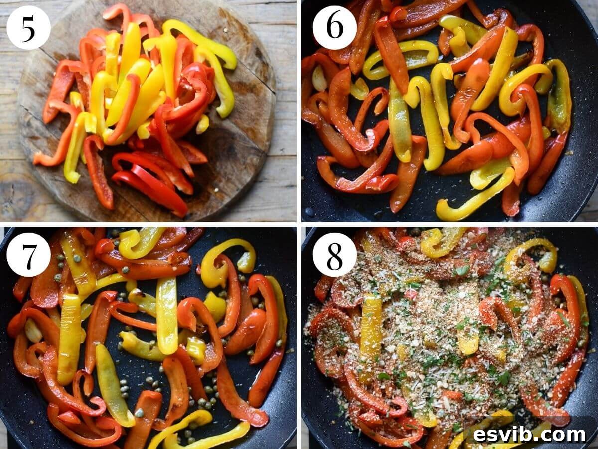 Rustic Bell Peppers with Garlic Crumbs 5 Four photos in a collage showing how to saute peppers.