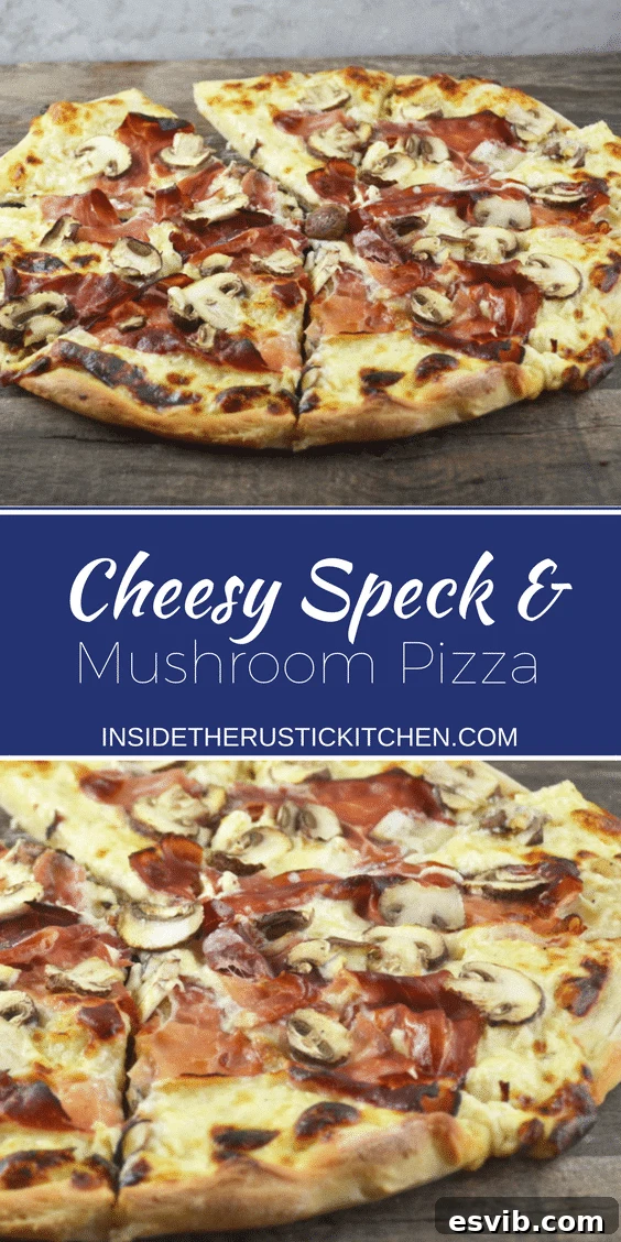 A stunning Cheesy Speck and Mushroom Pizza, perfectly round with a generous amount of toppings and a golden crust, displayed on a wooden surface. Ideal for Pinterest sharing.