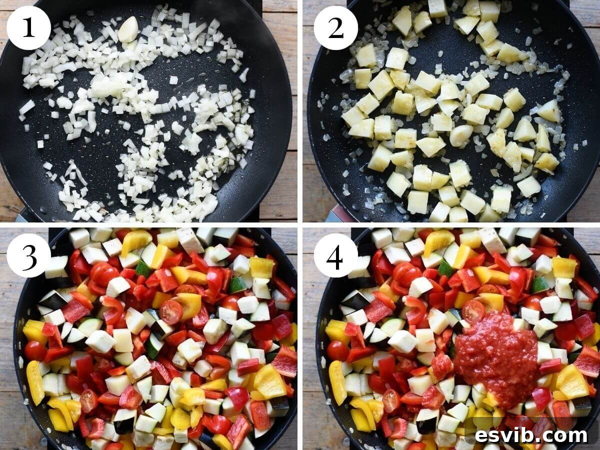 Ciambotta Vibrant Summer Vegetable Medley 4 Four photos in a collage showing how to saute vegetables.