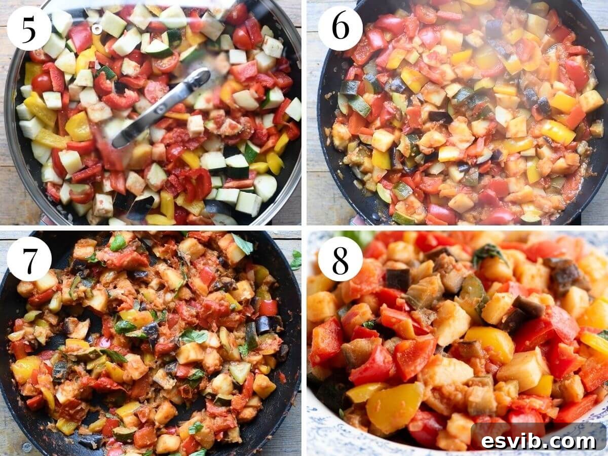 Ciambotta Vibrant Summer Vegetable Medley 5 Four photos in a collage showing how to make Ciambotta with stewed vegetables.