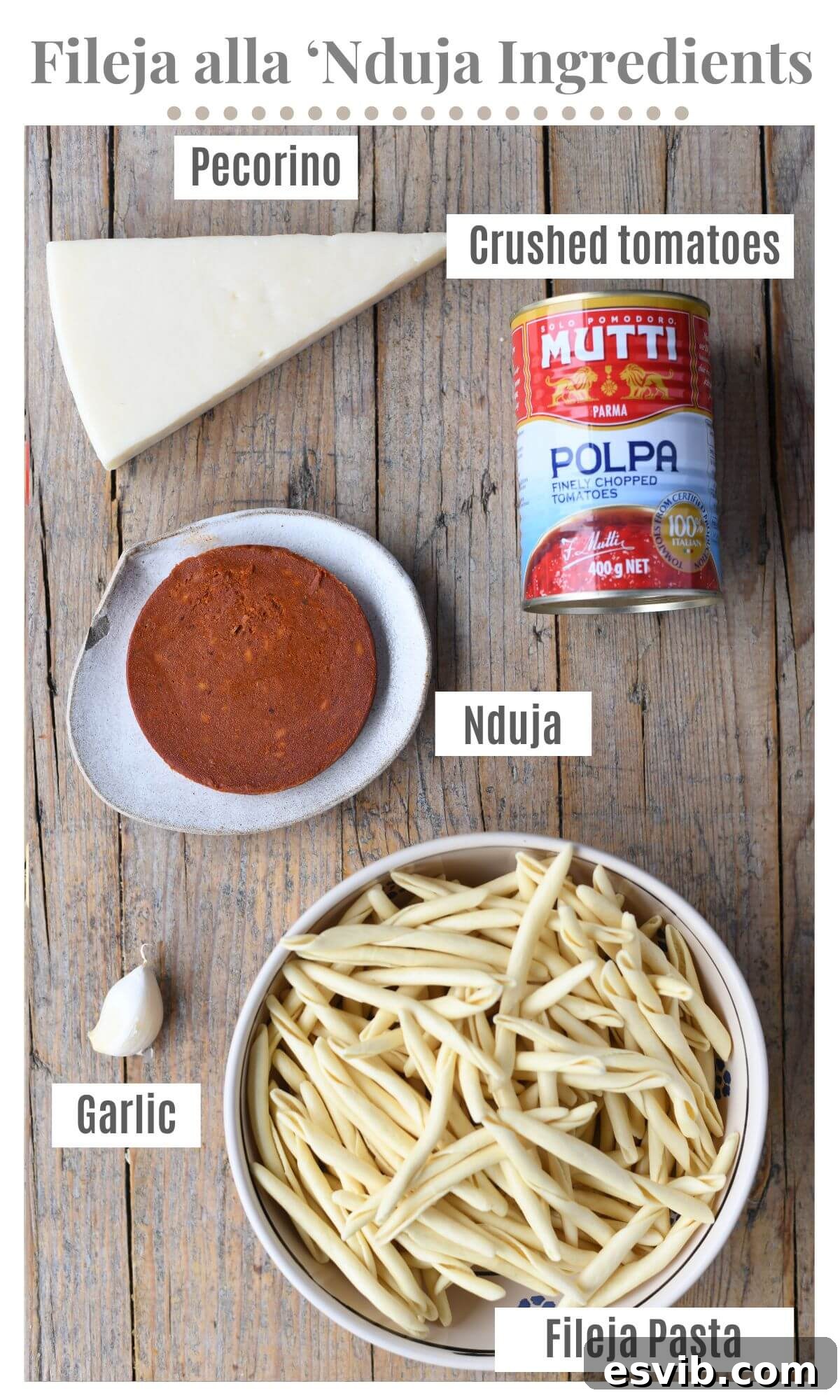 An overhead shot of all the ingredients needed to make a spicy Nduja pasta sauce.