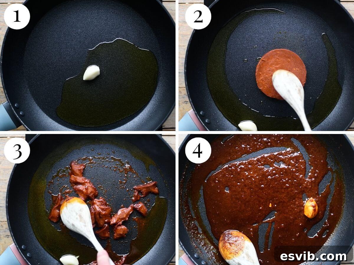 Four photos in a collage showing how to saute garlic and Nduja sausage.