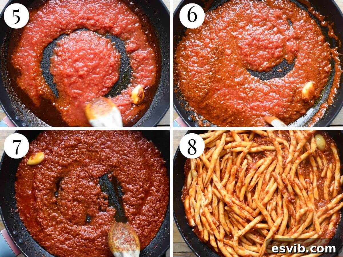 Four photos in a collage showing how to make an Nduja pasta sauce with Fileja pasta.