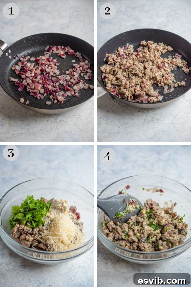Step-by-step photos illustrating the process of making Italian sausage stuffed mushrooms, from sautéing to stuffing