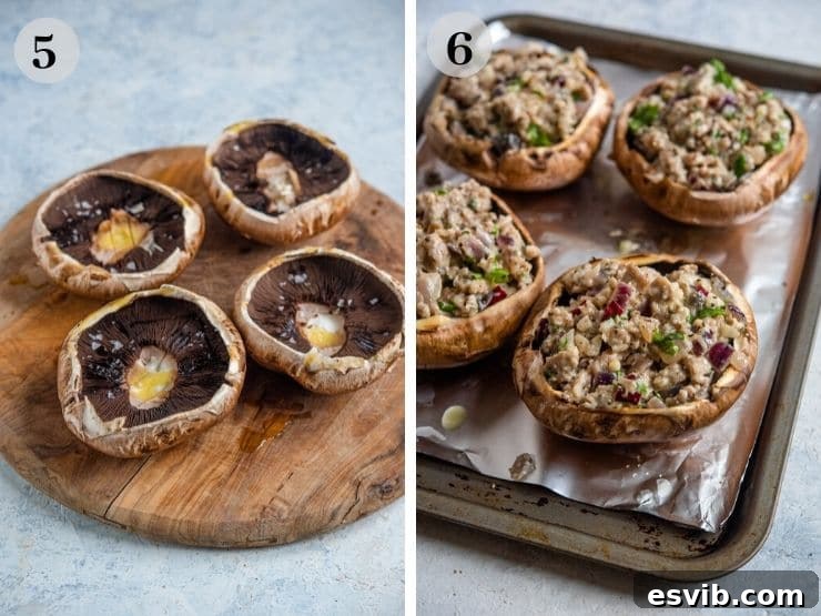 Two sequential photos demonstrating the stuffing of mushroom caps with the savory Italian sausage and gorgonzola mixture