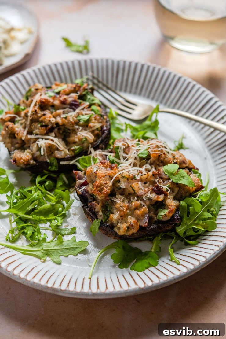 A side shot of sausage stuffed mushrooms plated with fresh arugula, highlighting the rich filling