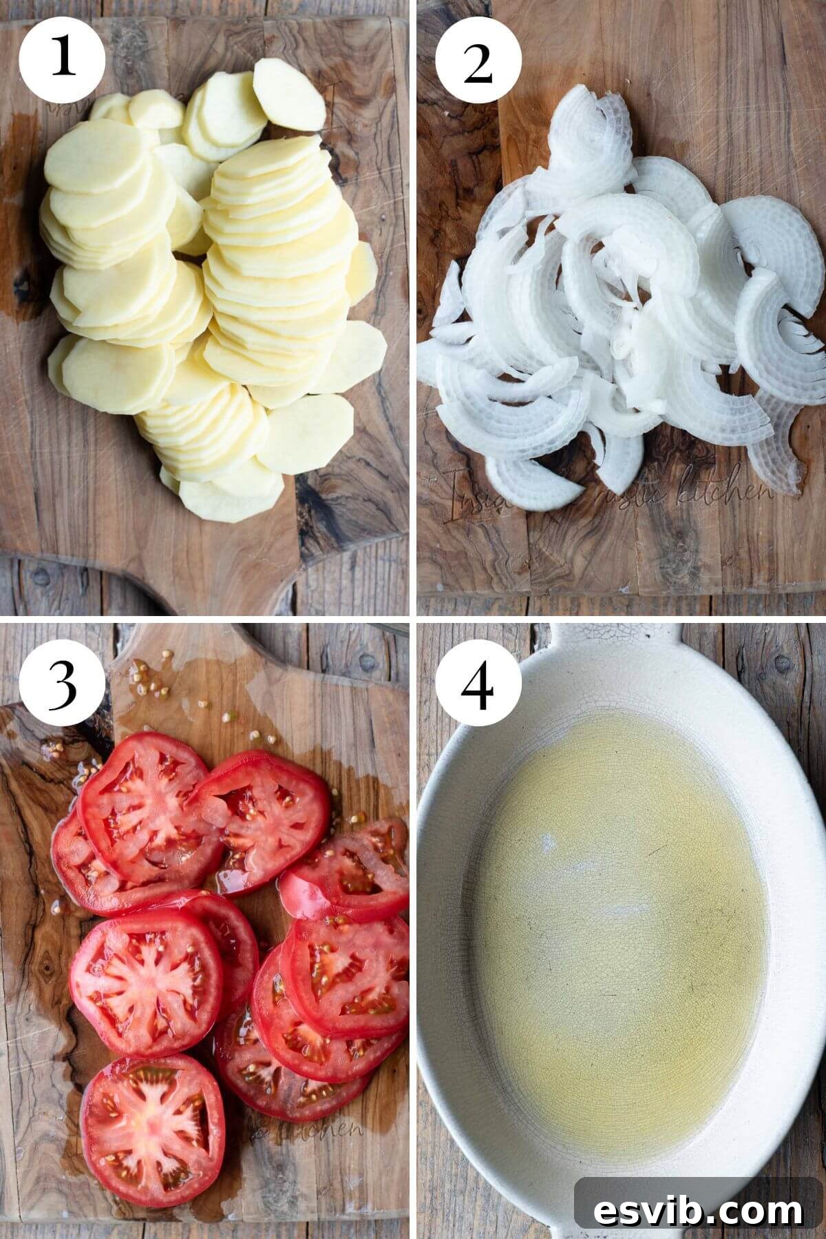 Four photos in a collage showing how to prepare the vegetables for making Patate alla Lucana: peeled and sliced potatoes, sliced onions, and sliced tomatoes.