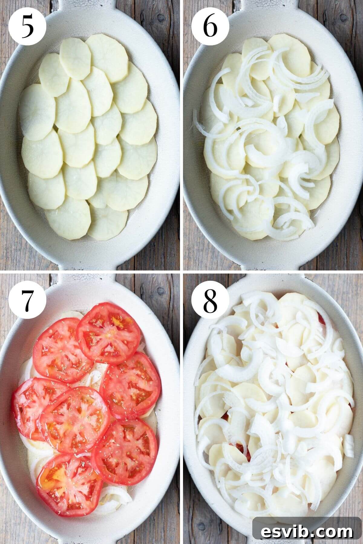 Four photos in a collage demonstrating how to layer an Italian potato gratin: olive oil in dish, first layer of potatoes, onions, then tomatoes seasoned with salt and oregano.